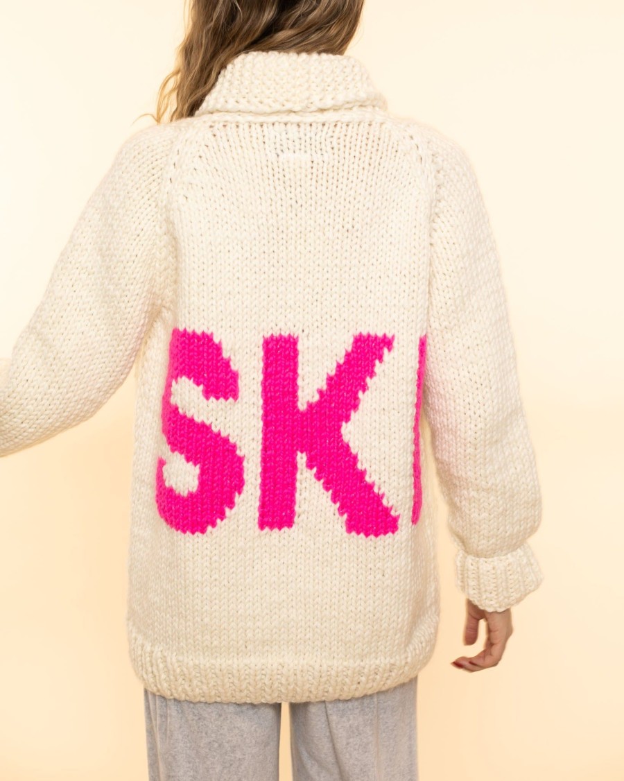 Women Gogo sweaters Cardigans | Long Ski Cardi|Snow/Hot Pink