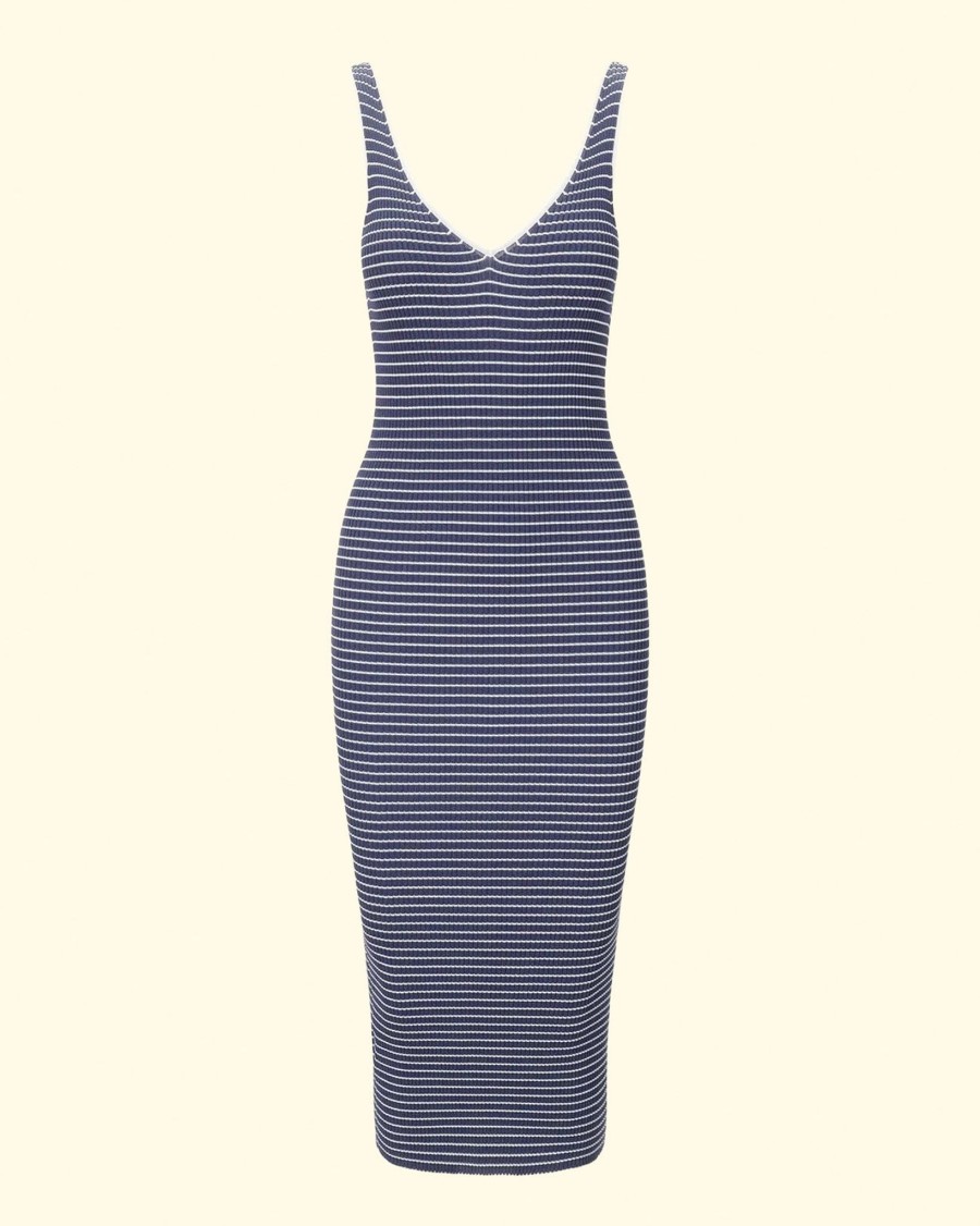 Women Staud Midis | Dana Dress|Navy Mirco Stripe