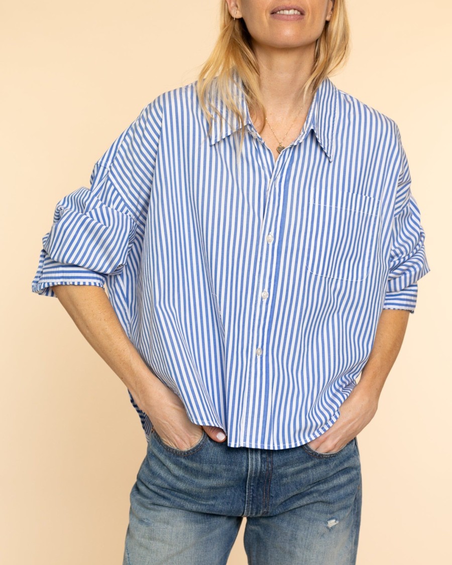 Women Denimist Blouses | Cropped Shirt|Med Blue Stripe