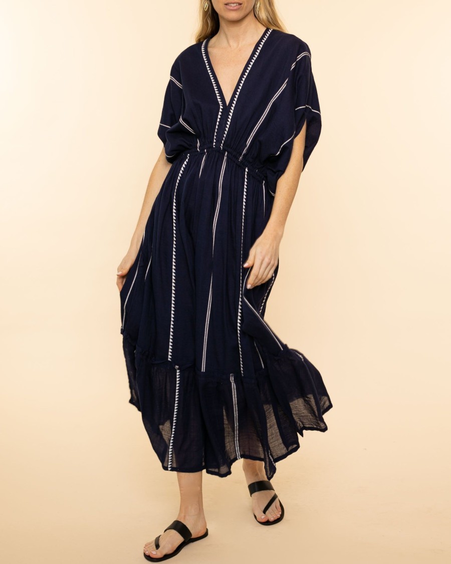 Women lemlem Midis | Nunu Plunge Neck Dress|Navy